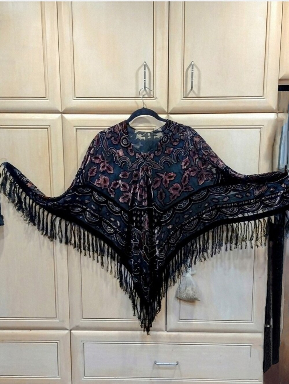 Vintage Silk & Velvet Burnout Fringe Poncho Top- Black with Deep Wine Floral